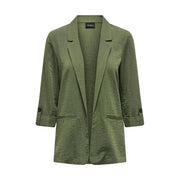 Only women beige blazer with olive green textured viscose blend fabric and three quarter length sleeves