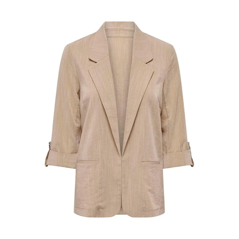 Only women beige linen blazer with subtle vertical stripes and rolled-up three-quarter sleeves in viscose blend
