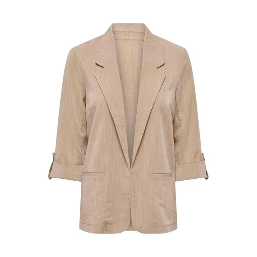 Only Blazer beige en lin pour femme, à fines rayures verticales et manches trois-quarts retroussées, en mélange de viscose