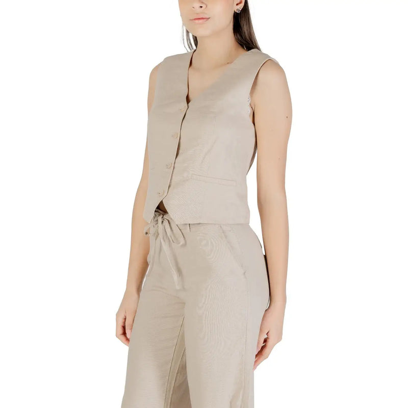 Gilet sans manches boutonné en lin mélangé beige à col en V et pantalon assorti à taille élastiquée pour femme