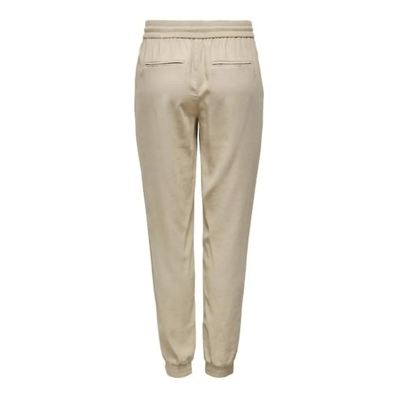 Pantalon beige en viscose à lacets pour femme, coupe décontractée, taille élastiquée et jambes fuselées, idéal pour le printemps et l'été.