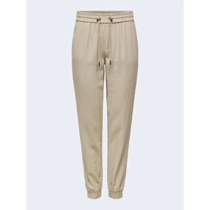 Only Pantalon beige en viscose pour femme, lacé, avec taille élastiquée à cordon et ourlets fuselés, idéal pour le printemps et l'été.
