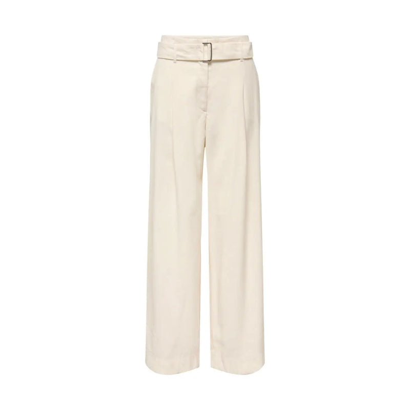 couleur crème only Pantalon beige à jambes larges en viscose pour femme, avec ceinture assortie et boucle argentée.