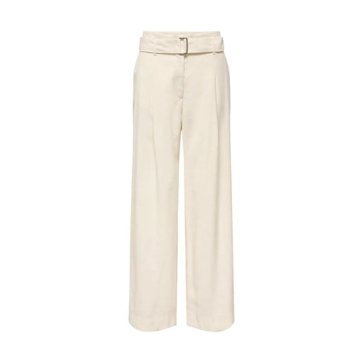 couleur crème only Pantalon beige à jambes larges en viscose pour femme, avec ceinture assortie et boucle argentée.