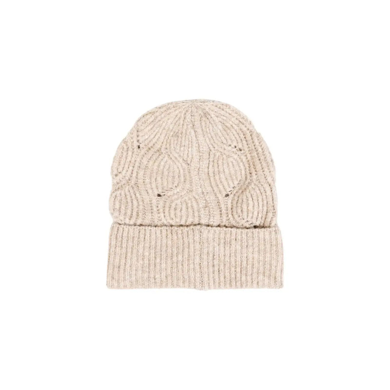 Cream-colored only women beige wool blend winter cap with ribbed cuff and cable-knit pattern knit beanie