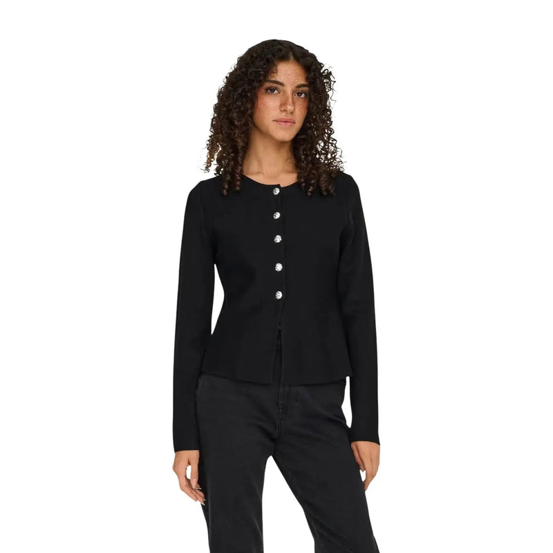 Only Gilet noir à manches longues pour femme, boutonné avec des boutons argentés, en maille de nylon viscose