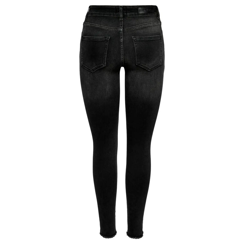 Only Jean skinny noir taille haute pour femme, en mélange de coton, délavé et ourlets effilochés visibles à l'arrière