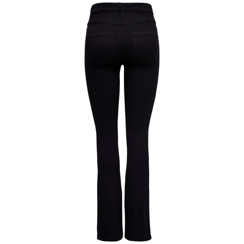Only Pantalon noir en mélange de coton pour femme, avec poches, coupe évasée taille haute et silhouette élégante.