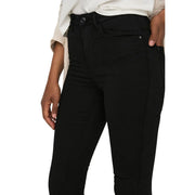 Only Pantalon noir taille haute pour femme en mélange de coton avec poches, présentant une coupe élégante et ajustée et des coutures discrètes.