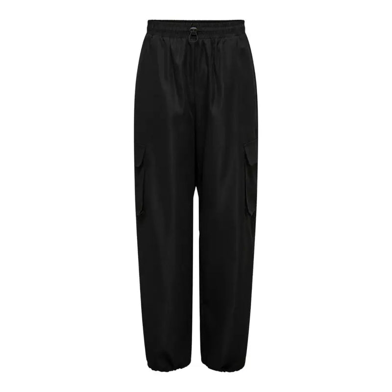 Only Women black cotton blend satin cargo trousers with elastic waistband and side pockets