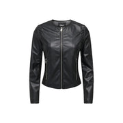 Only women black faux leather blazer jacket with silver zippers and a sleek fitted moto design