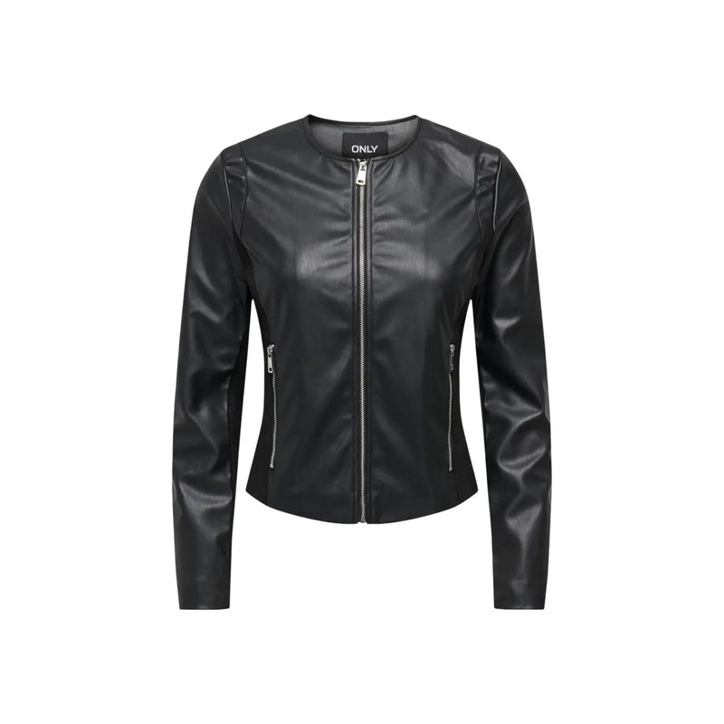 Only women black faux leather blazer jacket with silver zippers and a sleek fitted moto design