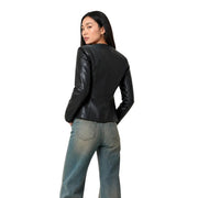 Only women black faux leather blazer jacket featuring a sleek fitted design in black leather biker style