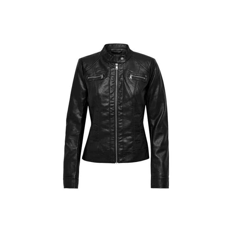 Black faux leather moto jacket with silver zippers and stand-up collar from Only Women polyurethane viscose blazer collection