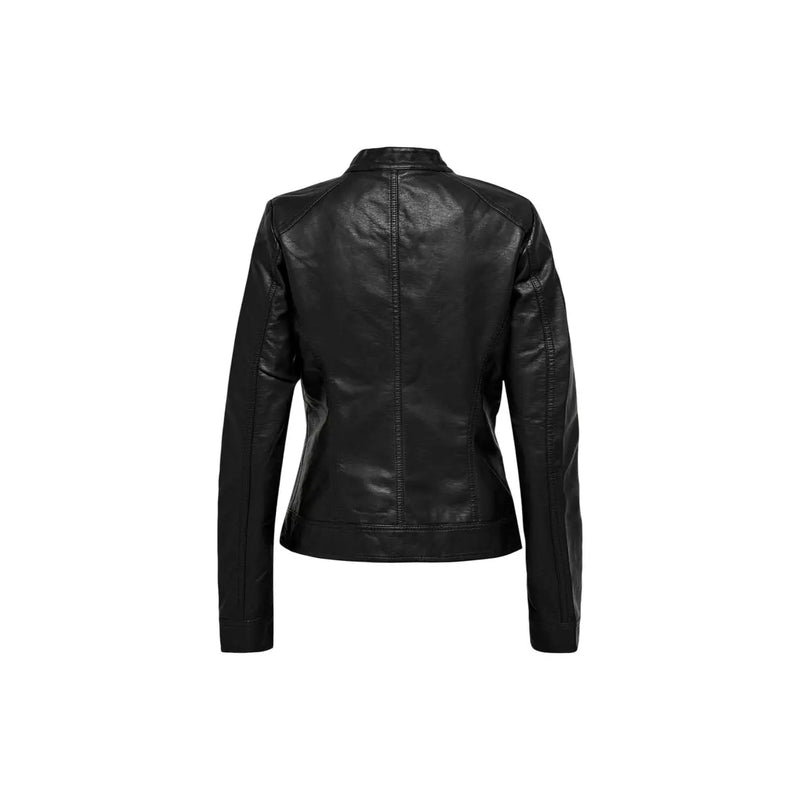 Only women black faux leather moto jacket with fitted design and subtle stitching in polyurethane viscose material