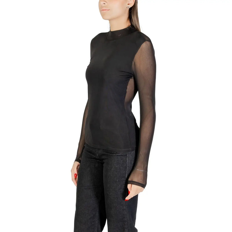 Only pulls longs noirs pour femmes top avec des manches longues en maille transparente et un corps en polyester élasthanne uni