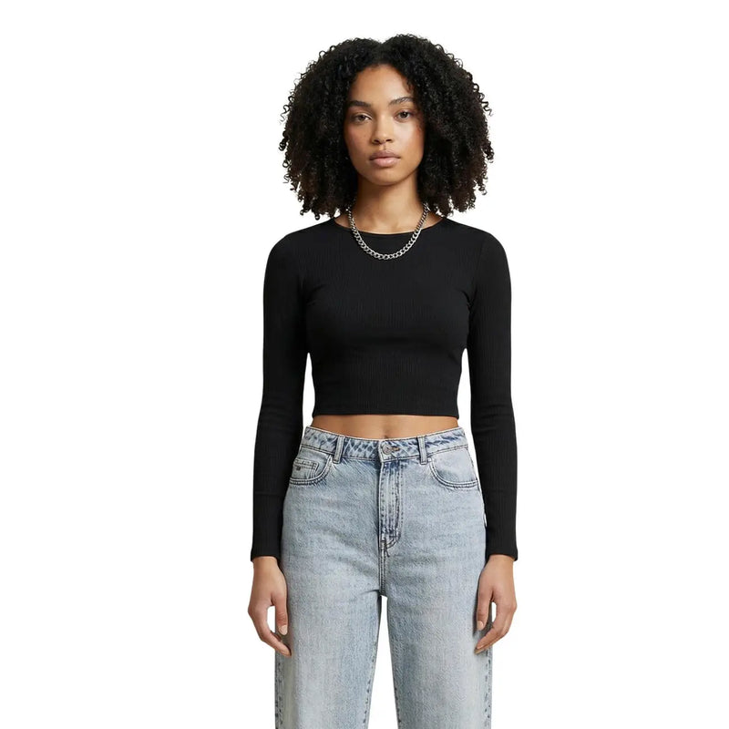 crop top en maille noire à manches longues top avec une texture côtelée et un col rond en viscose par Only Femmes