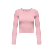 Only crop top à manches longues en maille côtelée rose pâle pour femme, en viscose. top avec un col rond et des détails de pull noir