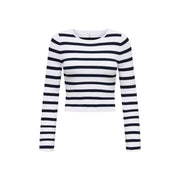 Only Pull court en maille viscose noire pour femme, à rayures horizontales noires et blanches audacieuses et col rond