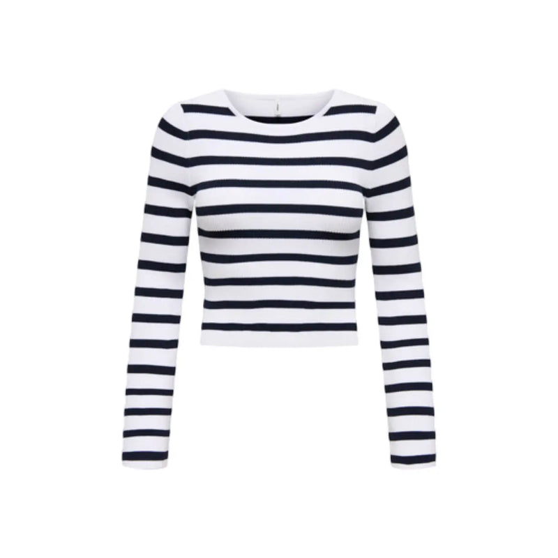 Only Pull court en maille viscose noire pour femme, à rayures horizontales noires et blanches audacieuses et col rond