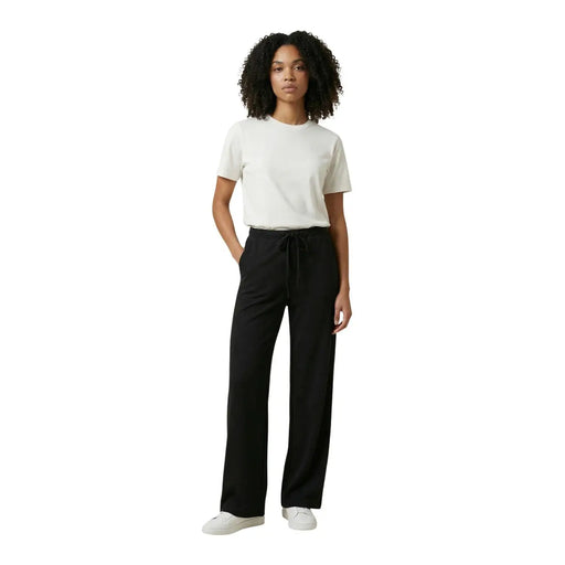 Pantalon noir à jambes larges en dentelle avec taille élastiquée à cordon pour femme, confectionné dans un mélange de viscose et de nylon. only