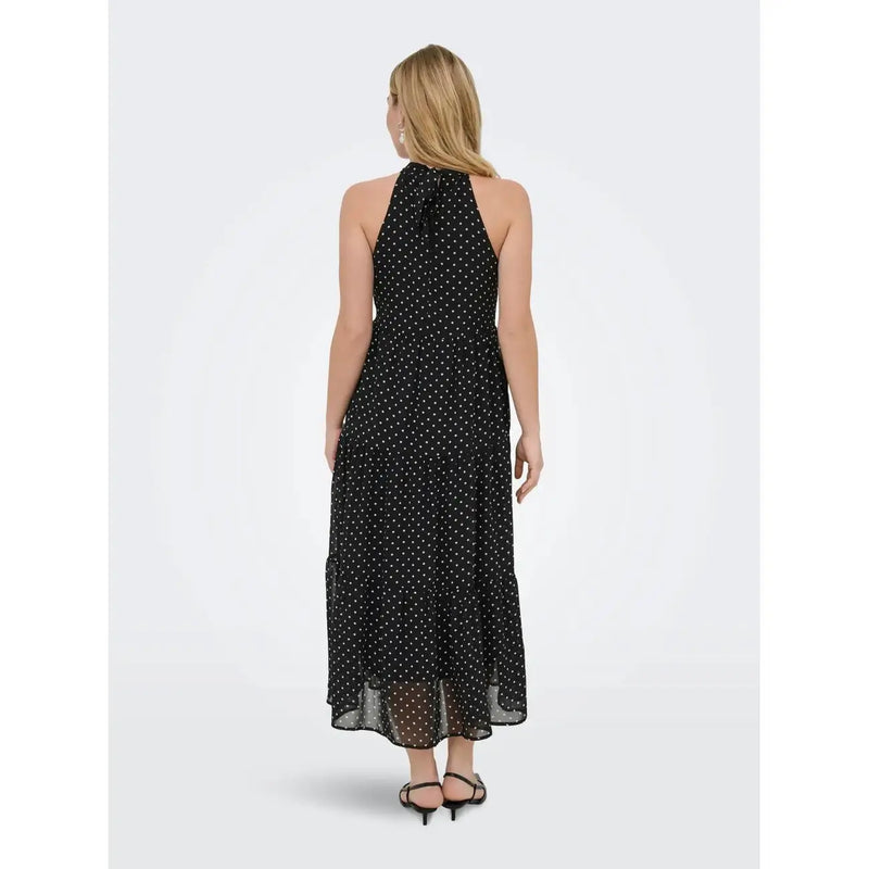 Only women black polka dot sleeveless halter-neck maxi dress in polyester with sheer layered hem