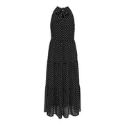 Only women black halter neck maxi dress with white polka dots and tiered skirt made of polyester