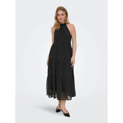 Only women black polka dot sleeveless halter neck midi dress made of sheer flowing polyester fabric