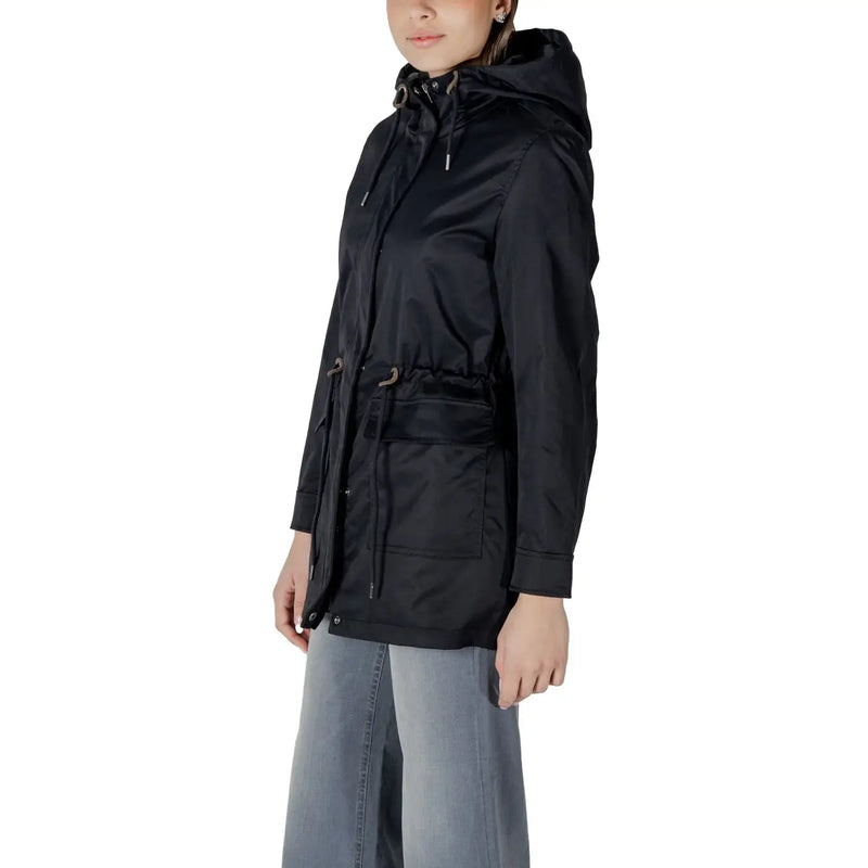 Black polyester long blazer with hood drawstring waist and front pockets from only women spring outerwear collection