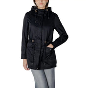 Only women black polyester long blazer with hood and silver-toned metal accents in shiny water-resistant fabric