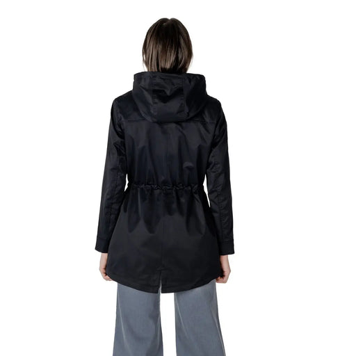 Only Blazer long noir en polyester pour femme, à capuche, style trench-coat, taille ajustable par cordon, idéal pour le printemps.