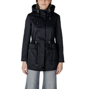Only women black polyester long blazer with hooded raincoat design featuring sleek water-resistant fabric and metallic drawstrings