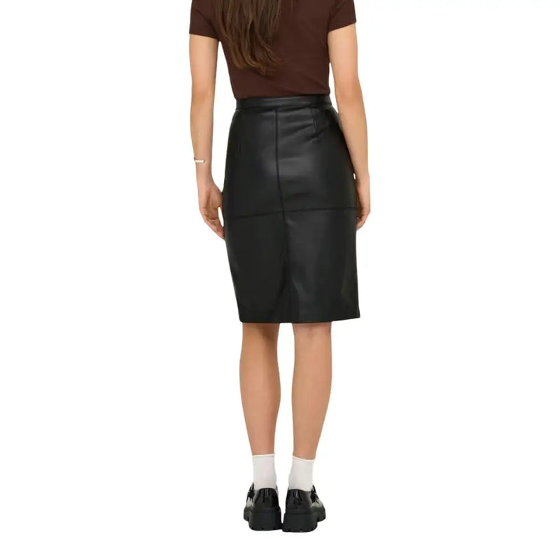 Only women black polyester faux leather pencil skirt with sleek fitted silhouette and subtle front seam detailing for fall winter