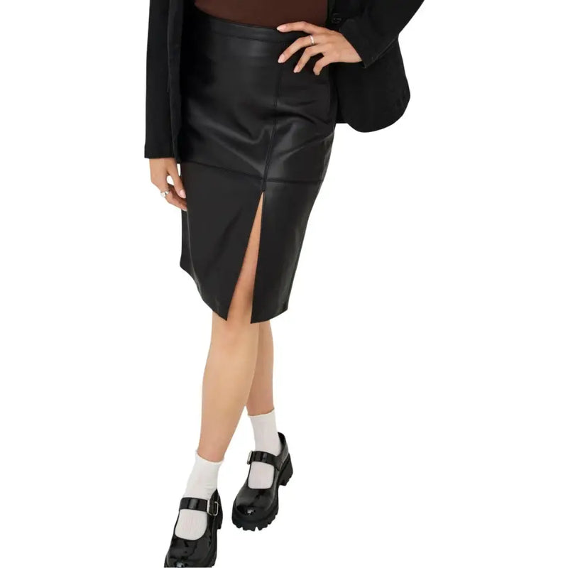 Black faux leather pencil skirt with front slit made of polyester for fall winter by Only Women