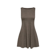 Only women black sleeveless fitted polyester dress with a flared skirt in classic brown and black houndstooth pattern