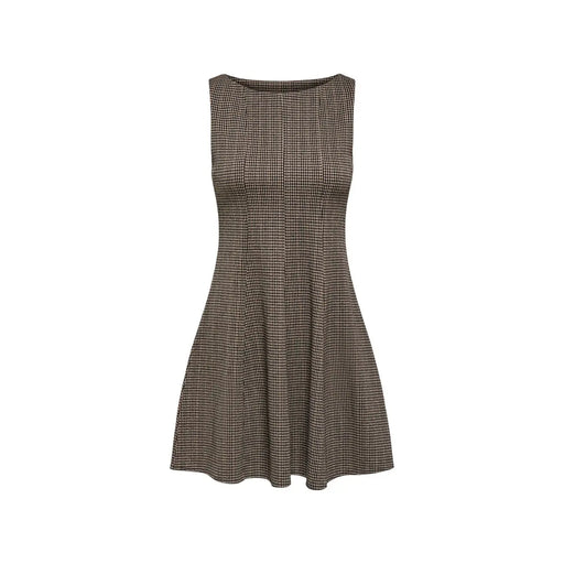 Only Robe cintrée sans manches en polyester noir pour femme, avec une jupe évasée à motif pied-de-poule classique marron et noir.