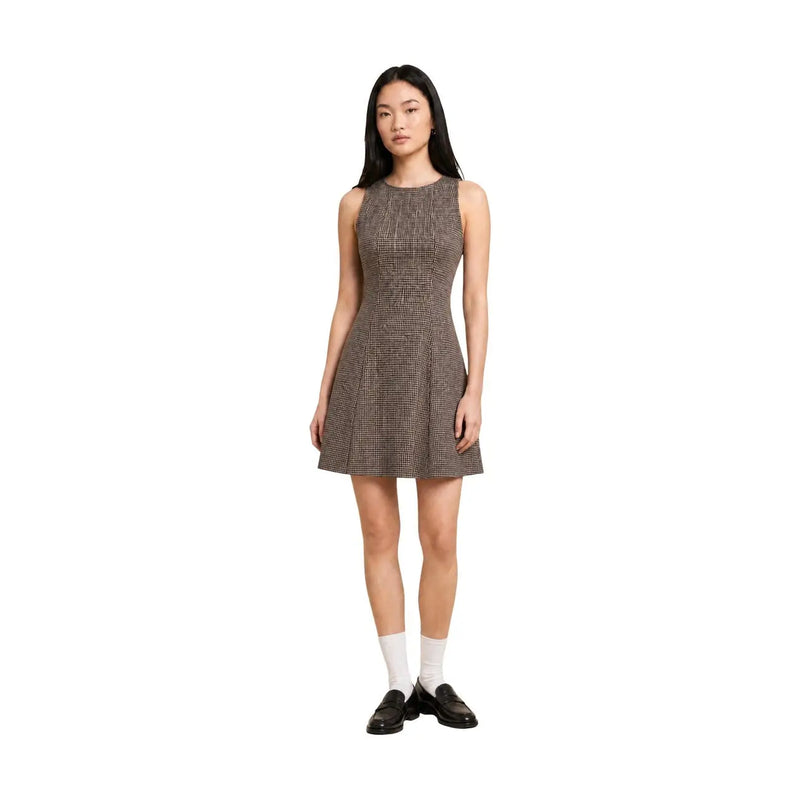 Only women black sleeveless fitted mini dress in brown and black houndstooth polyester fabric for size s l