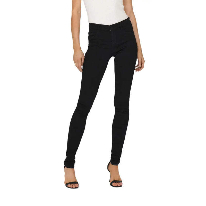 Jean skinny noir taille haute pour femme, coupe ajustée et élégante, confectionné en tissu stretch mélangé viscose.