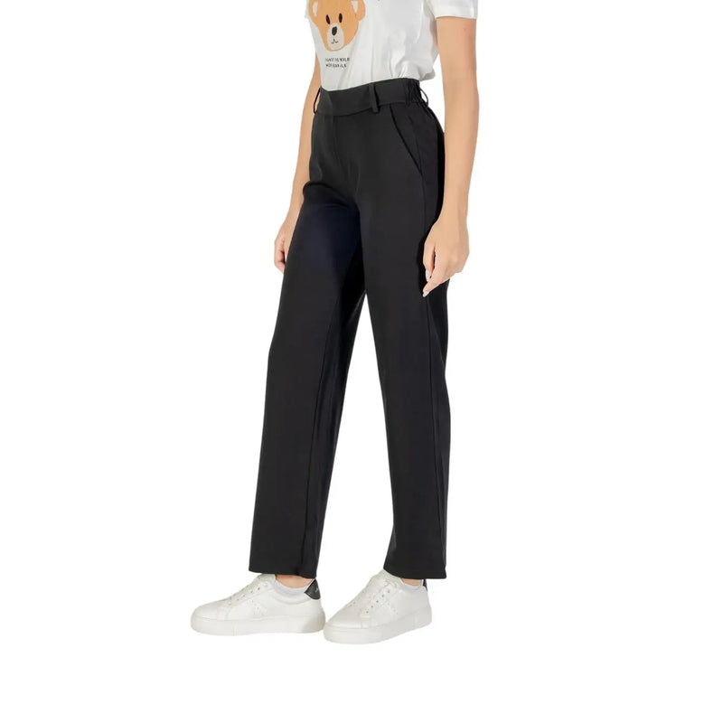 Only Pantalon noir en viscose pour femme, taille haute, coupe droite élégante et détails discrets de fermeture éclair sur les coutures latérales.