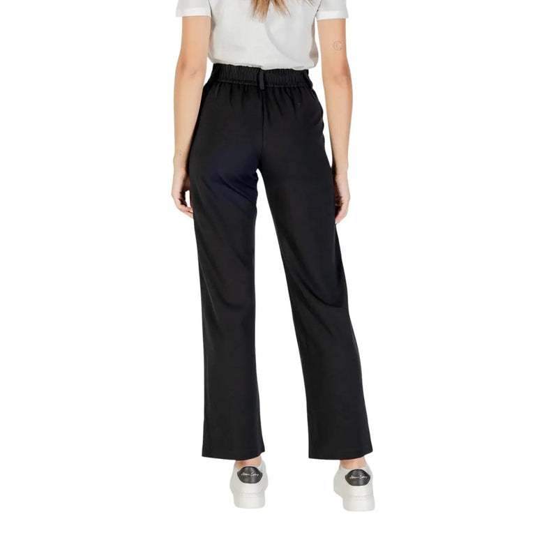Pantalon noir en viscose à taille haute et jambes larges pour femme, avec ceinture élastique et fermeture éclair. Only