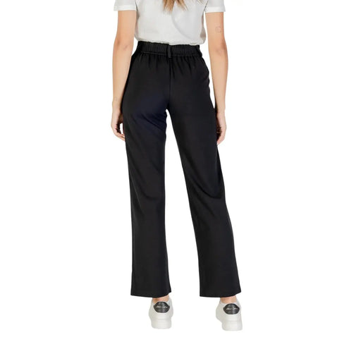 Pantalon noir en viscose à taille haute et jambes larges pour femme, avec ceinture élastique et fermeture éclair. Only
