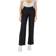 Pantalon noir taille haute à jambes droites en viscose pour femme, avec fermeture éclair et tissu lisse et ajusté.
