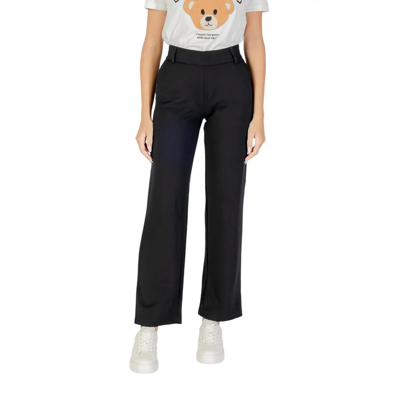 Pantalon noir taille haute à jambes droites en viscose pour femme, avec fermeture éclair et tissu lisse et ajusté.