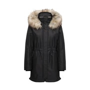 Parka d'hiver noire pour femme, avec capuche doublée de fourrure marron clair, en polyester et taille ajustable par cordon.