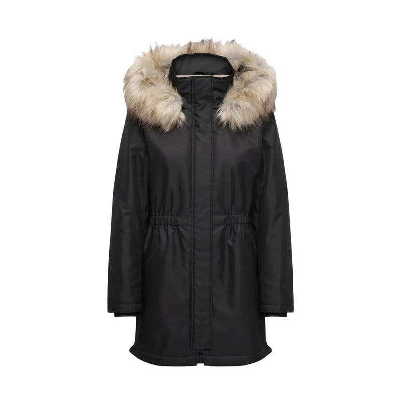 Parka d'hiver noire pour femme, avec capuche doublée de fourrure marron clair, en polyester et taille ajustable par cordon.
