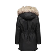 Parka d'hiver noire pour femme, avec capuche en fausse fourrure marron clair, en polyester et taille élastiquée à cordon.
