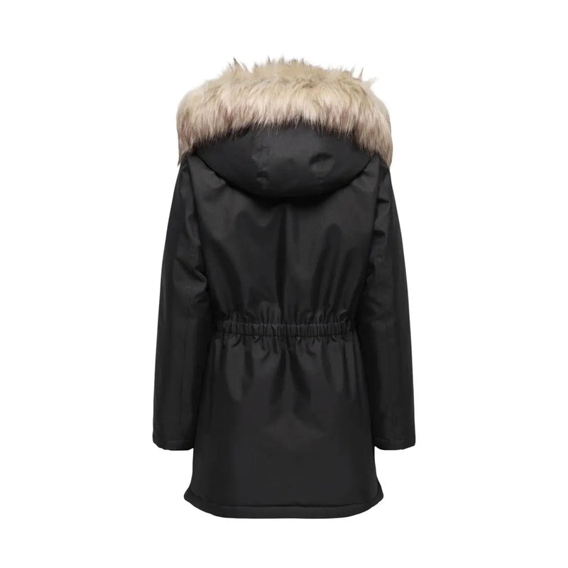 Parka d'hiver noire pour femme, avec capuche en fausse fourrure marron clair, en polyester et taille élastiquée à cordon.