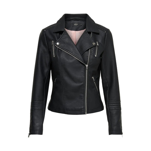 Only Blazer noir zippé pour femme, veste de motard en polyester polyuréthane avec fermetures éclair argentées et détails de surpiqûres.
