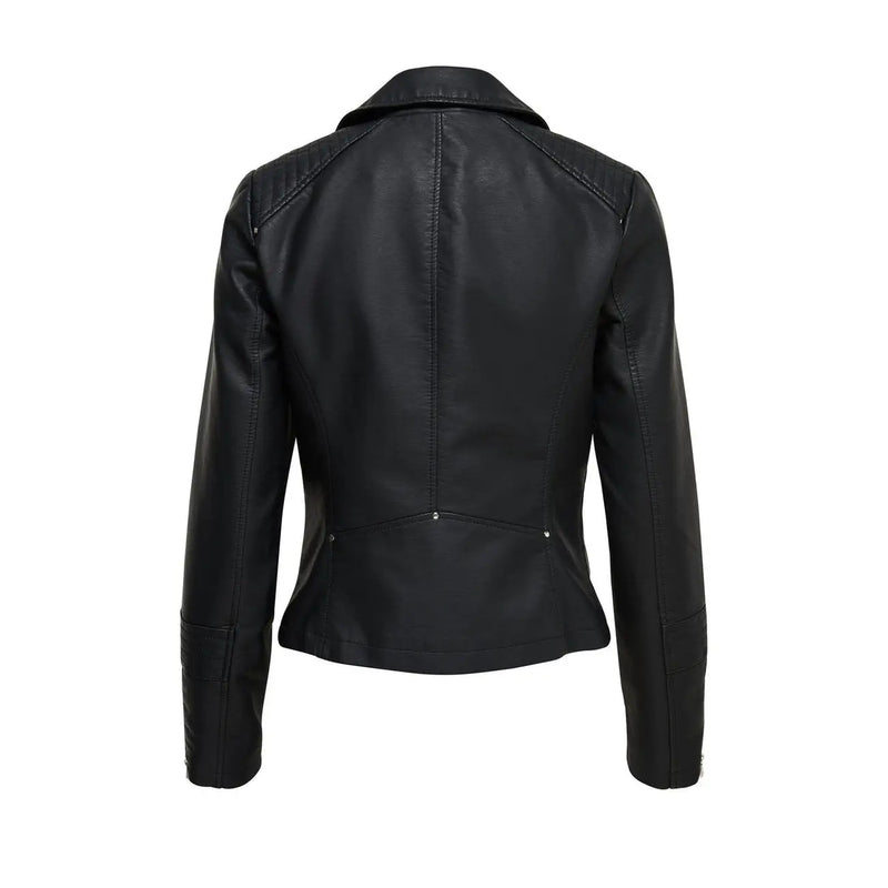 Black faux leather biker jacket from Only Women featuring a sleek fitted design with subtle stitching details