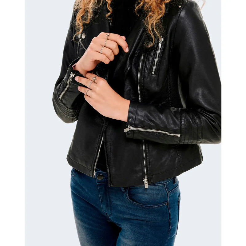 Only Women black zip blazer faux leather biker jacket with silver zippers and subtle stitching details